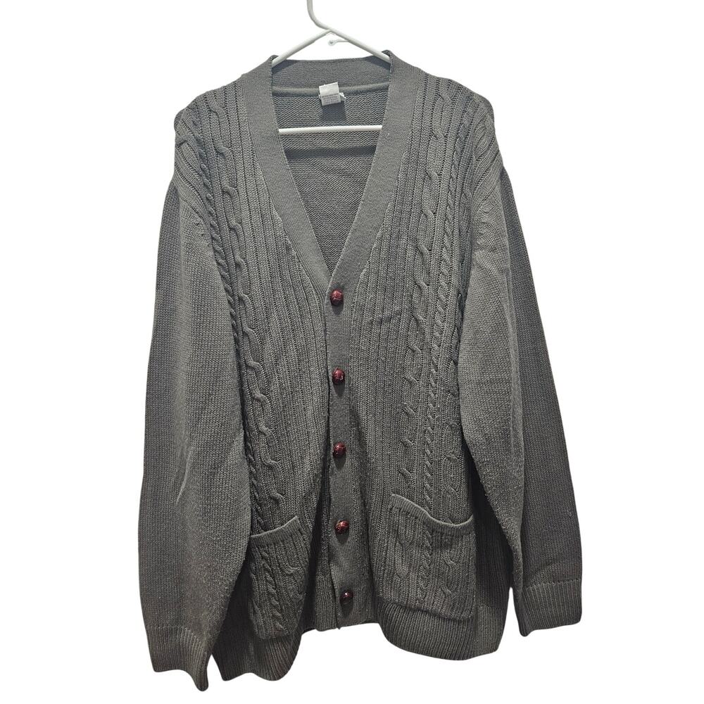 Haband Men’s XXL Cable Knit Cardigan Gray Green Leather Buttons Grandpa Sweater